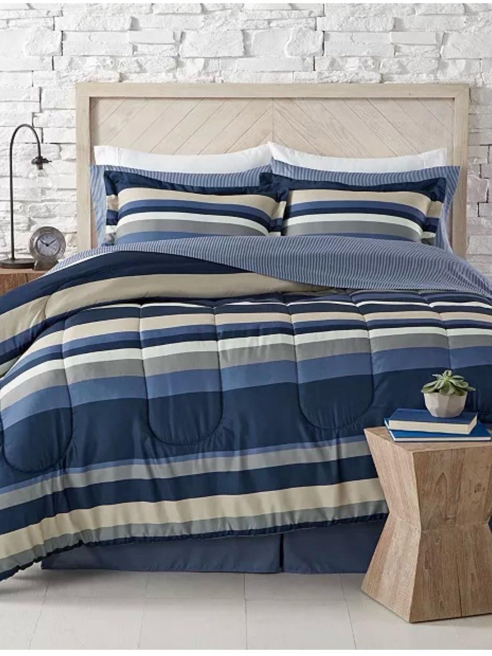 Striped Blue and Cream Comforter Set - Home Bedding TWIN